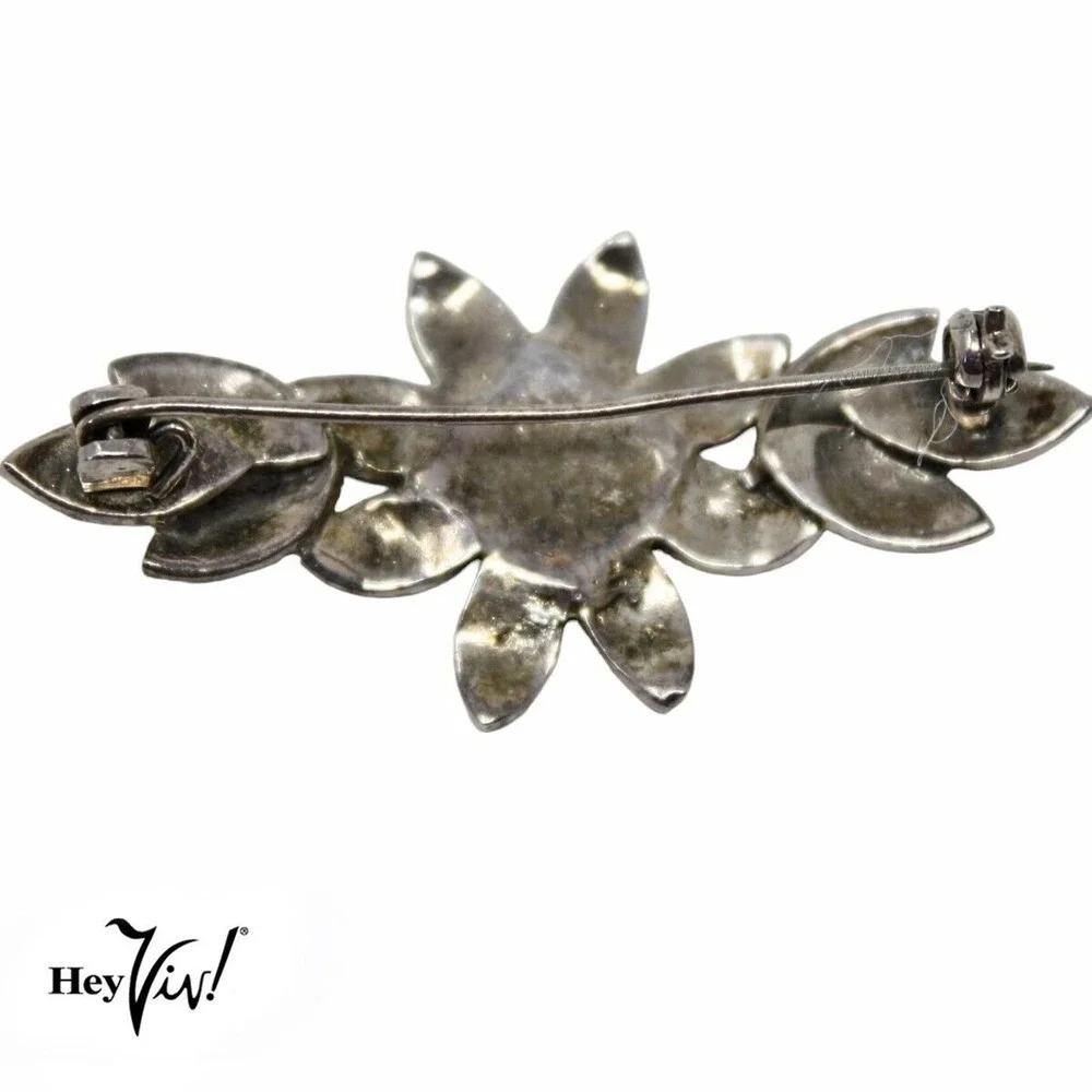 Vintage Marcasite Pin Brooch Deco Style Floral Leaf Motif 2.25